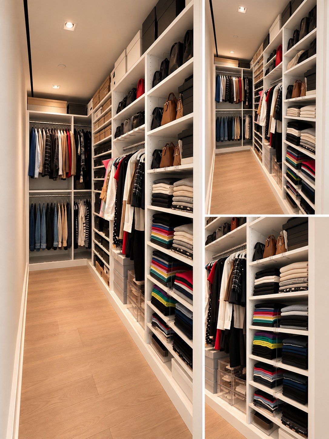 A walk-in closet with hanging clothes, folded knitwear, handbags, and shoe storage on white built-in shelving.